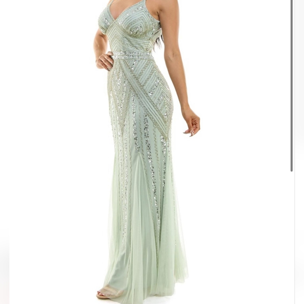 MARINA Sage Green Beaded Spaghetti-Strap Maxi Gown - Picture 2 of 3
